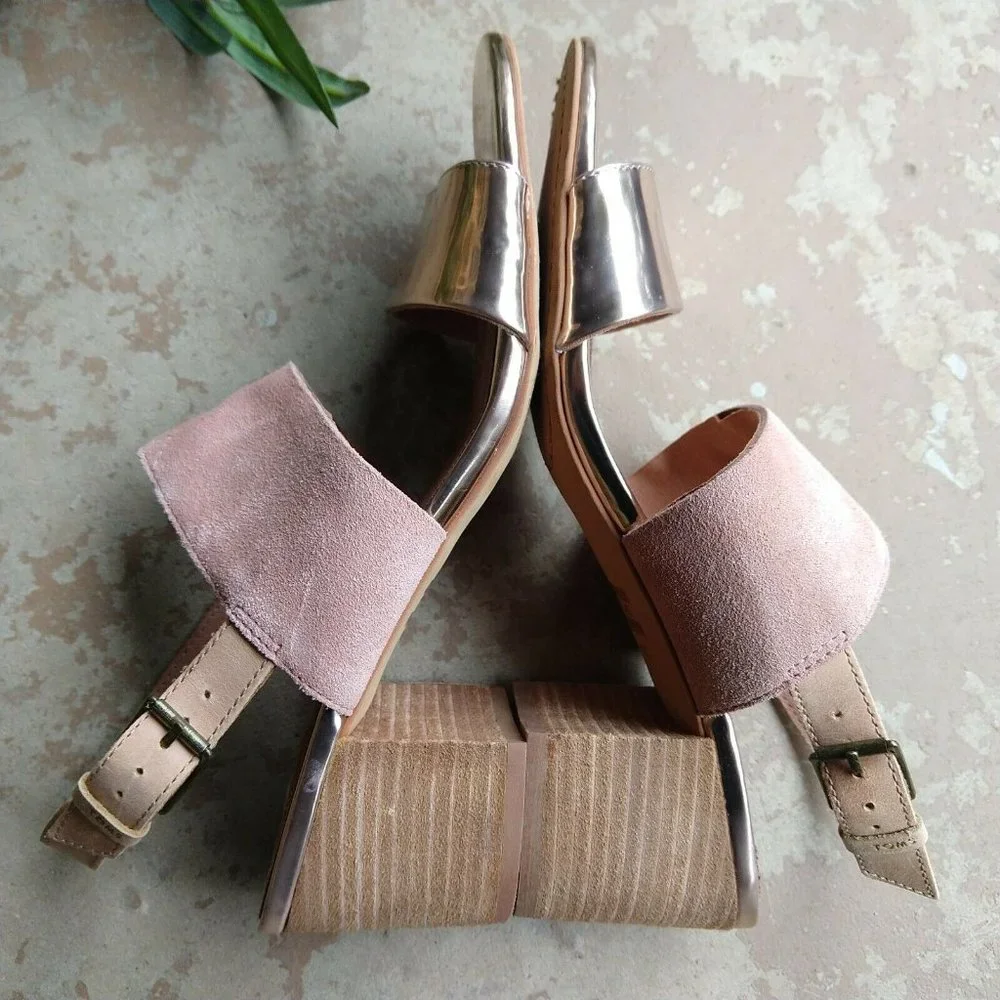 TOMS Poppy Metallic Sandals Size 10 Pink Rose Gold Strappy Block Heel Suede - Picture 5 of 8